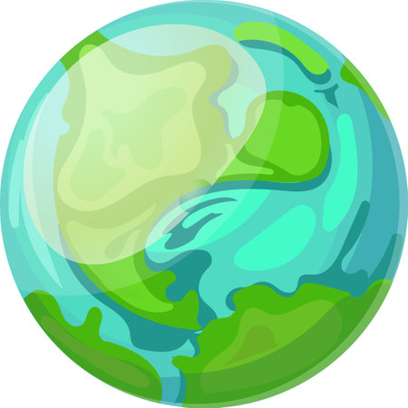 Cartoon drawing of planet earth globe is rotating, showing green continents and blue oceans, promoting environmental awareness and global conservation effortsのイラスト素材