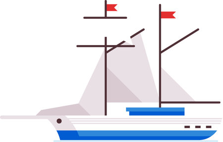 White and blue sailing ship with red flags navigating calm waters, featuring triangular sails and a streamlined hull, evokes a sense of adventure and maritime explorationのイラスト素材