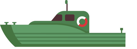 Green military patrol boat sailing on water, ensuring safety and security of coastal areas, equipped with navigation and safety features, ready for maritime operationsのイラスト素材