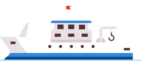 Fishing boat floating on water with crane and hook, featuring a red flag, windows, and blue and white color scheme, representing commercial fishing and maritime industriesのイラスト素材