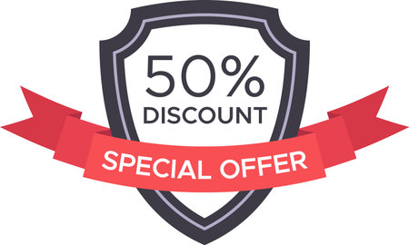 Offering a vibrant 50 percent discount highlighted by a striking red ribbon and shield, promoting an effective marketing strategy for sales and clearance events in retailのイラスト素材