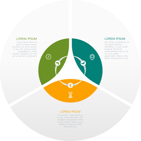 Modern circular infographic design divided into three sections with icons and placeholder text. Ideal for business, marketing, or data visualization presentationsのイラスト素材