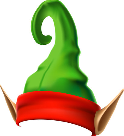 Green elf hat featuring a vibrant red band and whimsical pointy ears, capturing the enchanting spirit of christmas, serves as a joyful symbol of holiday celebrations and festivitiesのイラスト素材