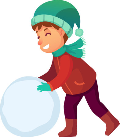 Smiling child wearing winter clothes including a red jacket, green hat and scarf, and teal gloves is rolling a giant snowball to build a snowman, enjoying winter funのイラスト素材