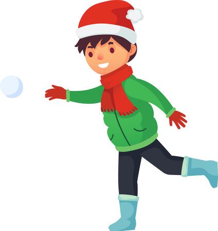 Smiling child wearing winter clothes, including a santa hat, red scarf and gloves, and blue boots, throwing a snowball while running, enjoying winter games and the festive seasonのイラスト素材