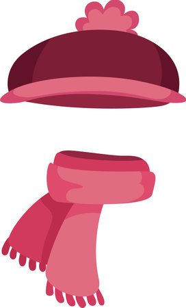 Winter accessories set including a pink scarf with fringes and a maroon hat with a pink pompom, providing warmth and protection during cold weatherのイラスト素材