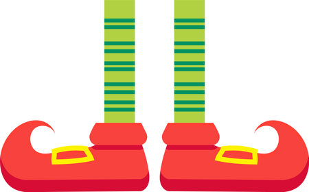 Christmas elf legs wearing green and red striped stockings and curled toe shoes with gold buckles are a festive addition to holiday decorations and designsのイラスト素材
