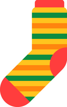 Colorful striped sock featuring warm hues of yellow, orange, and red, accented by contrasting green stripes, perfect for playful fashion projectsのイラスト素材