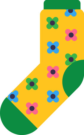 Vibrant and cheerful yellow sock adorned with a repeating pattern of colorful flowers, evoking the essence of springtime and adding a touch of whimsy to everyday attireのイラスト素材