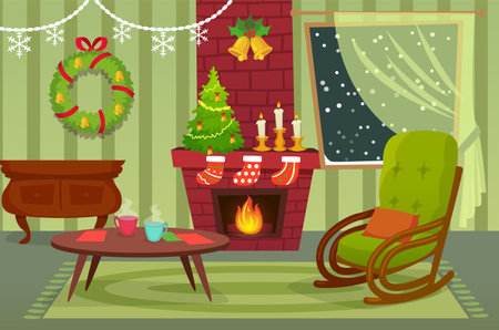 Warm fire crackling in a fireplace, inviting rocking chair, decorated christmas tree, and steaming mugs create a cozy holiday atmosphere in a festive living roomのイラスト素材