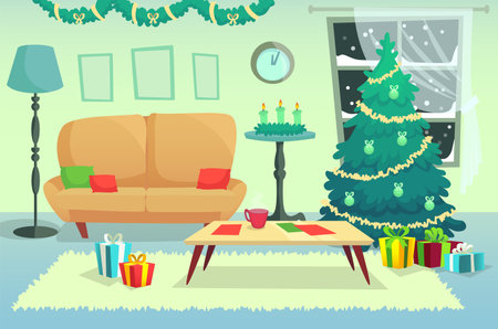 Cozy living room featuring festive decorations, a beautifully lit christmas tree, wrapped gifts, a comfortable sofa, and a warm cup beside advent candles, while snow falls outsideのイラスト素材