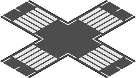 Four crosswalks and roads intersecting in an x shape, captured from above, illustrating concepts of urban planning, pedestrian safety, and traffic flow in a city environmentのイラスト素材