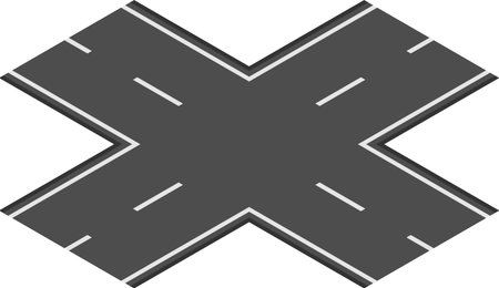 Crossroads forming an x shape with dark gray asphalt and white stripes representing intersection, road, path, choice, decision, direction, transportation, travel, infrastructure, and networkのイラスト素材