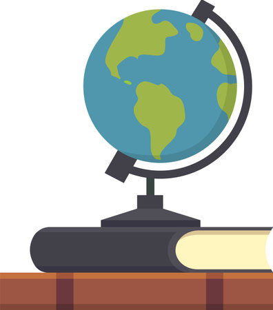 Globe resting on an open book atop a wooden surface, representing themes of education, learning, geography, travel, and exploration across the worldのイラスト素材