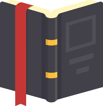 Open black book featuring a red bookmark and elegant gold details, serving as an isometric icon representing themes of reading, studying, knowledge, and educationのイラスト素材