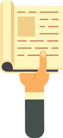 Hand holding an open book while pointing at the text with an index finger, emphasizing the importance of reading and fostering a love for education and knowledgeのイラスト素材