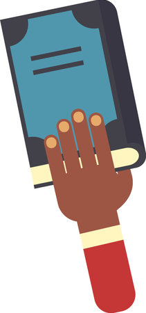 Hand with a vibrant red sleeve holding a blue covered book featuring a black spine, symbolizing the importance of reading and education through a striking visual representationのイラスト素材