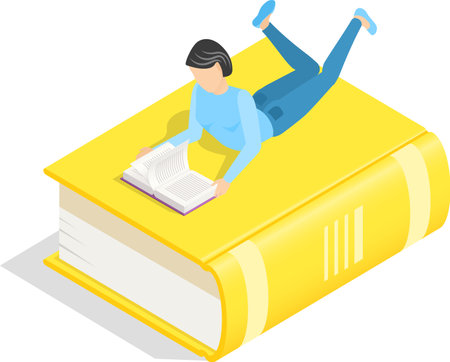 Young woman is lying on her stomach on top of a giant yellow book, engrossed in reading a smaller book, in an isometric perspective, symbolizing the joy and immersion in literatureのイラスト素材