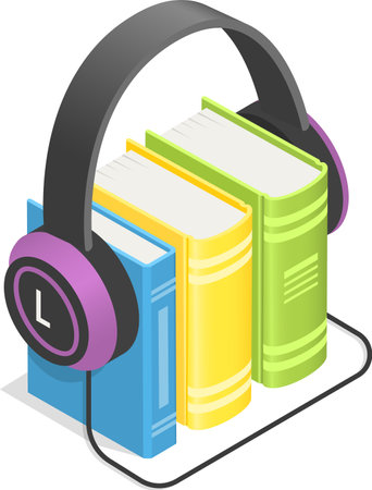 Headphones gently encircle a stack of vibrant books, symbolizing the immersive experience of listening to audiobooks and enjoying literature in a modern formatのイラスト素材