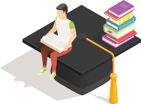 Student is reading a book while sitting on a graduation cap, with a stack of books nearby, symbolizing academic achievement, learning, and education in an isometric perspectiveのイラスト素材