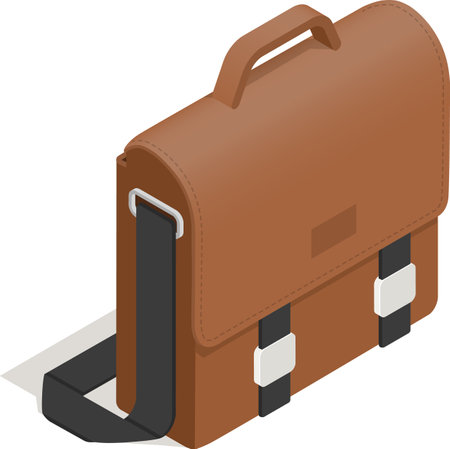 Brown leather messenger bag featuring a sleek black strap and stylish silver buckles, presented as an isometric icon casting a subtle shadow against a pristine white backgroundのイラスト素材