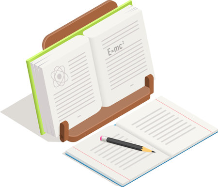 Open textbook showing theory of relativity formula and atom symbol on wooden book stand with another open book, and pencil nearby suggesting studying physics or chemistryのイラスト素材
