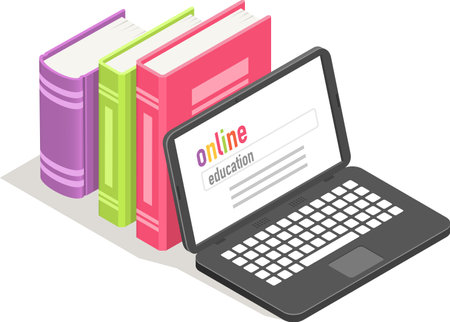 Laptop showcasing an online education platform, surrounded by vibrant books, representing the essence of online learning and the wealth of digital knowledge resources availableのイラスト素材
