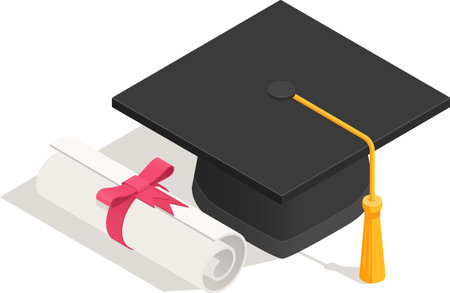 Graduation cap with golden tassel near rolled diploma tied with pink ribbon, celebrating successful completion of studies and academic achievementのイラスト素材