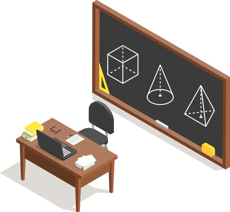 Geometry lesson featuring a teacher s desk with a laptop and books, surrounded by drawings of set squares, cones, cubes, and pyramids on the blackboard in a vibrant classroom settingのイラスト素材