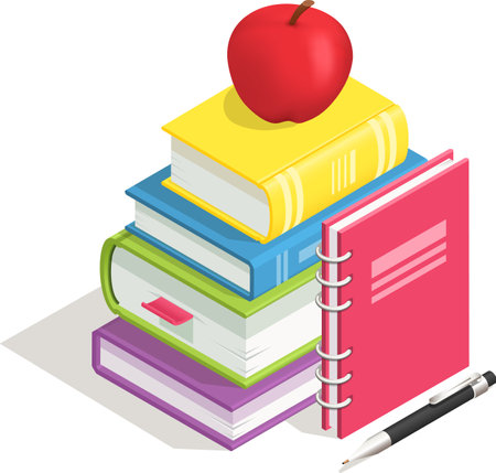 Colorful stack of books topped with a vibrant red apple, accompanied by a spiral notebook and pen, symbolizing the essence of education and the journey of learningのイラスト素材