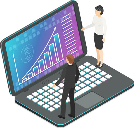 Businessman and businesswoman are standing on a giant laptop keyboard analyzing a growing bitcoin cryptocurrency chart displayed on the screenのイラスト素材