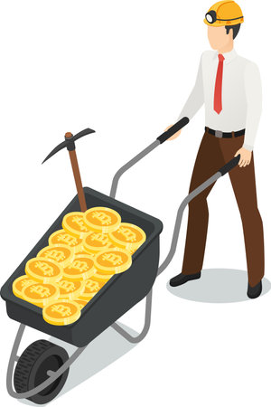 Businessman wearing a mining helmet and pushing a wheelbarrow full of golden bitcoin coins, cryptocurrency mining concept, isometric vector illustration on white backgroundのイラスト素材