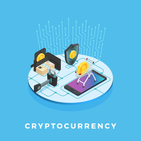 Cryptocurrency, shopping cart, wallet, mobile phone, shield and padlock are connected together on a circuit board, illustrating online shopping security and secure transactionsのイラスト素材