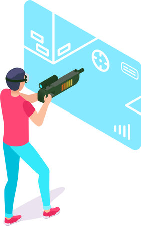 Young man wearing a virtual reality headset and holding a gun controller, engaging in an immersive shooter game with a futuristic interface and virtual mapのイラスト素材
