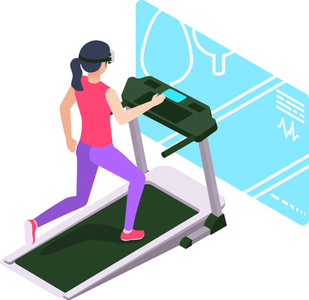 Woman wearing a virtual reality headset runs on a treadmill, engaging with a futuristic interface that displays a map and health data for an immersive fitness experienceのイラスト素材
