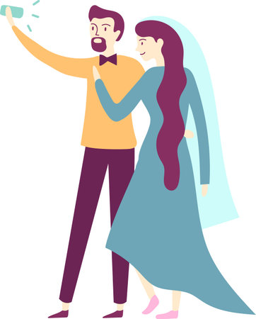 Happy newlyweds are taking a selfie with a smartphone, celebrating their marriage with joy and excitement, capturing a precious moment of their special dayのイラスト素材