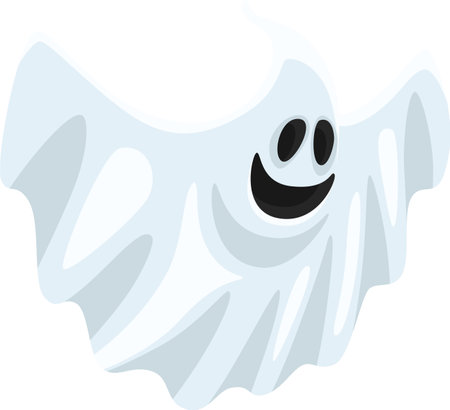 Cartoon illustration of a smiling ghost floating with its arms outstretched, creating a cheerful and spooky atmosphere perfect for Halloween celebrations and party decorationsのイラスト素材