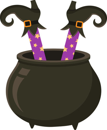 Witch legs adorned with purple stockings and sparkling gold stars are playfully upside down inside a black cauldron, capturing a whimsical and spooky Halloween party vibeのイラスト素材