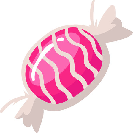 Shiny pink round candy with decorative white stripes wrapped in light gray paper with fluttering, ends is waiting to be unwrapped and enjoyed as a sweet treatのイラスト素材