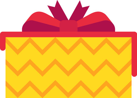 Colorful gift box adorned with a vibrant red and purple ribbon bow, featuring a cheerful yellow and orange zigzag pattern, embodying celebration, surprise, and festive joyのイラスト素材
