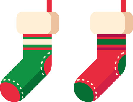 Two empty Christmas stockings hanging by the fireplace, eagerly waiting for Santa Claus to fill them with delightful gifts come Christmas morningのイラスト素材