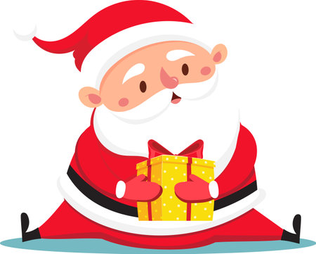Cartoon Santa Claus wearing a red suit with white fur trim, sitting cross legged and holding a gold gift box with a red ribbon, conveying the spirit of Christmas giving and holiday cheerのイラスト素材