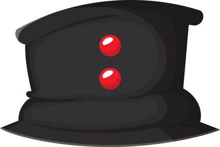 Simple cartoon illustration of a black service peak cap with two red round buttons representing rank insignia, isolated on white backgroundのイラスト素材