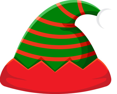 Red and green striped christmas elf hat with white ball at the tip, bringing festive cheer to holiday celebrations and adding a touch of magic to the seasonのイラスト素材