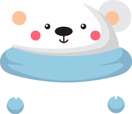Adorable polar bear cub wearing a light blue scarf and small blue mittens, smiling happily with rosy cheeks and a black nose, creating a heartwarming and charming winter sceneのイラスト素材