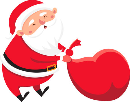 Santa Claus, smiling joyfully, walking on a white background while carrying a large, heavy bag filled with Christmas presents, embodies the festive spirit of the holiday seasonのイラスト素材