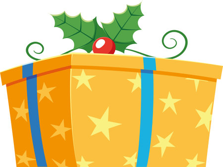 Bright orange Christmas gift adorned with vibrant blue ribbons and festive holly leaves, waiting to be opened during the joyful holiday season, spreading cheer and celebrationのイラスト素材
