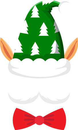 Christmas elf wearing a whimsical green hat adorned with white Christmas trees and a cheerful red bow tie, adding festive charm to holiday illustrations and greeting cardsのイラスト素材