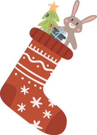 Red Christmas stocking with white snowflakes containing Christmas gifts and a small decorated Christmas tree held by a cute bunny, isolated on white backgroundのイラスト素材