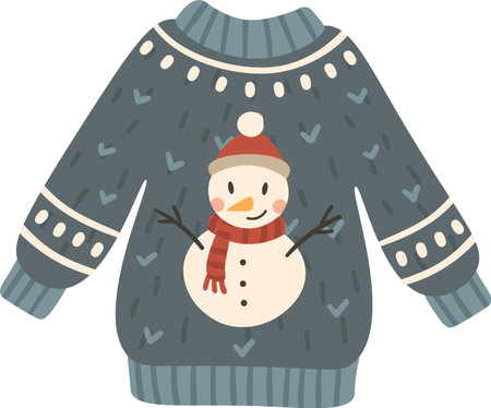 Cozy blue Christmas sweater featuring a cheerful snowman design, perfect for adding a touch of festive charm to winter celebrations and holiday gatheringsのイラスト素材